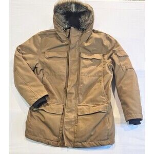 H&M Mens Parka Jacket XL Hooded Winter Coat Brown Faux Fur Lined Heavy Warm